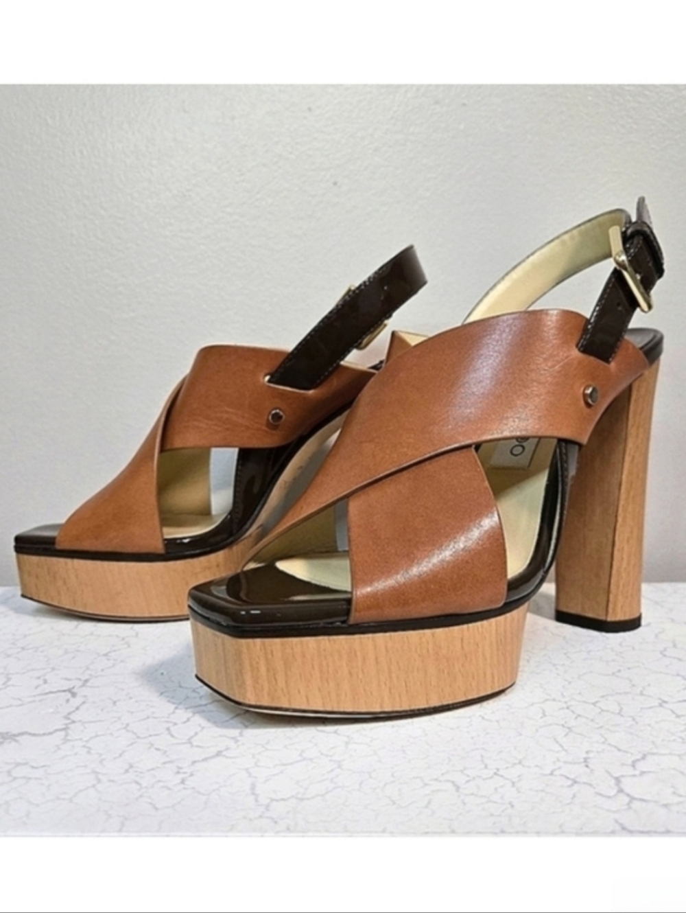 Jimmy Choo Aix 125 Wood/Leather Block Platform Sandals, SZ 38.5~NWOT